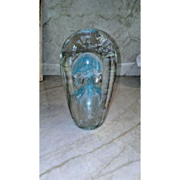 Jellyfish Glass 7" Tall Handblown Paperweight Ocean Man O War Light Blue Clear - Picture 9 of 10